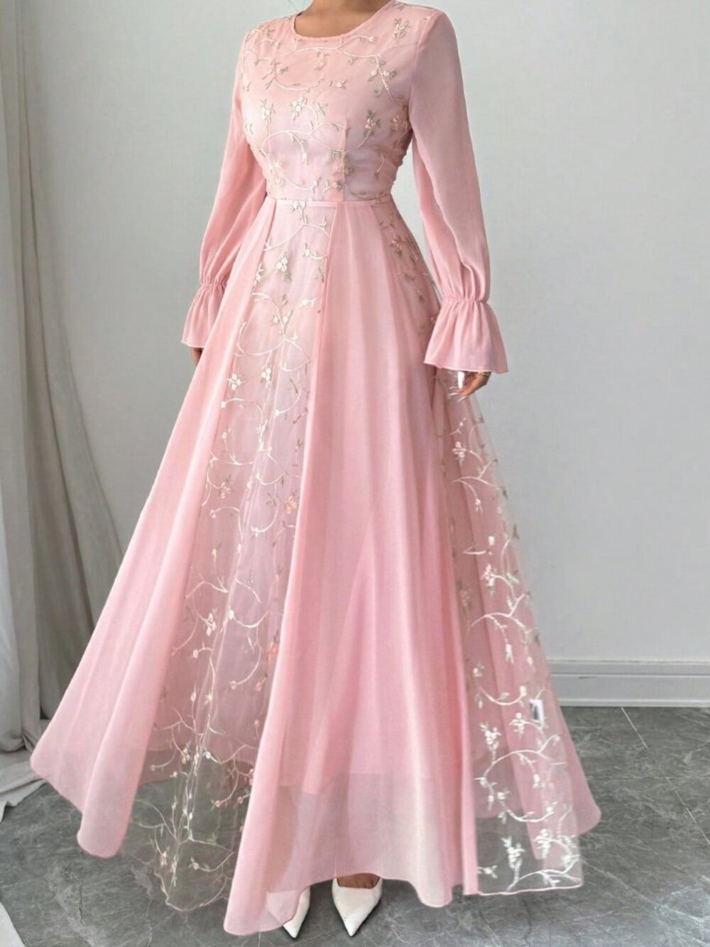 Pink Elegant Mesh Embroidered Patchwork Chiffon Flare Sleeve Women's Dress